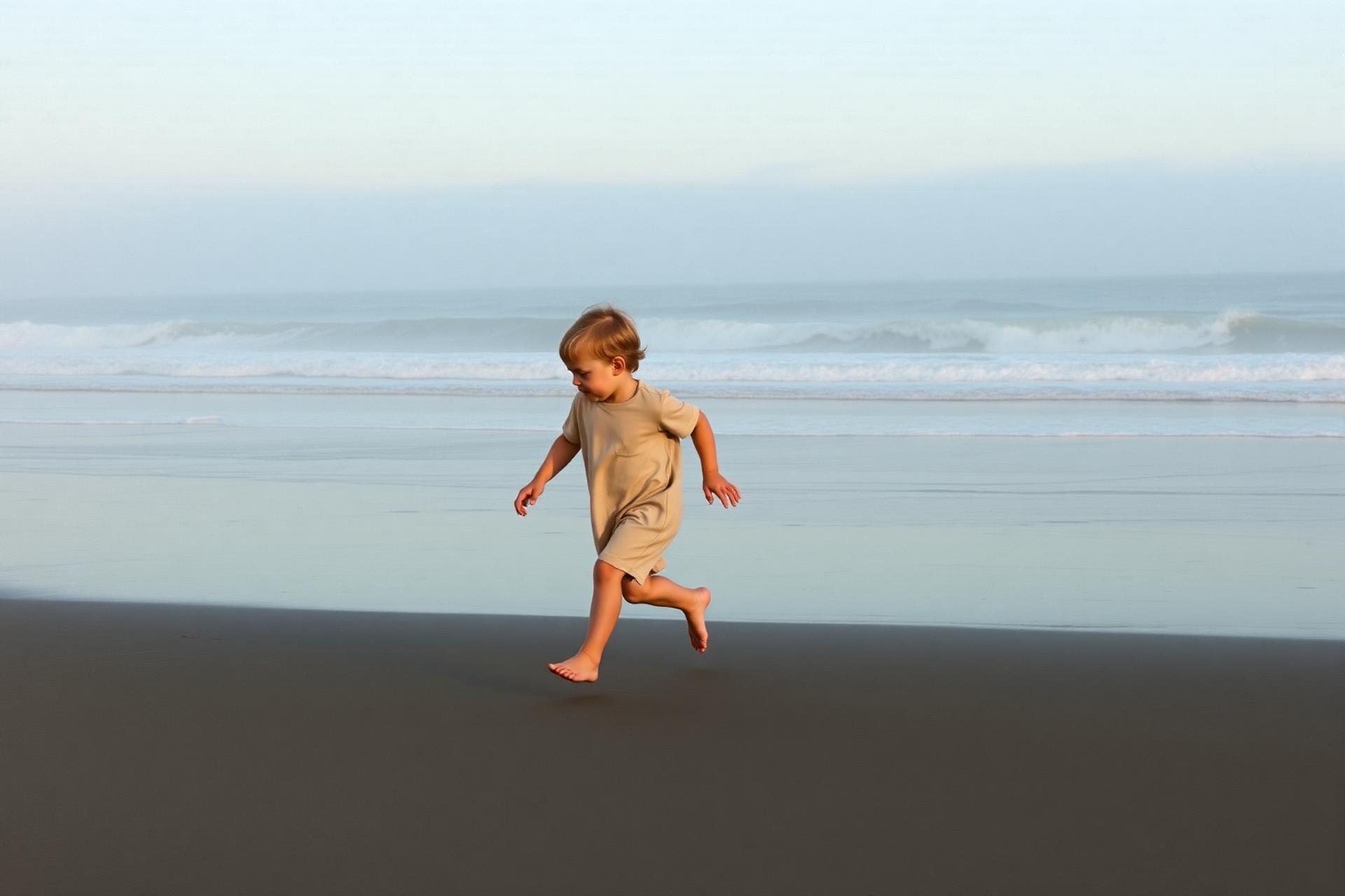 A child running on a misty California beach at dusk